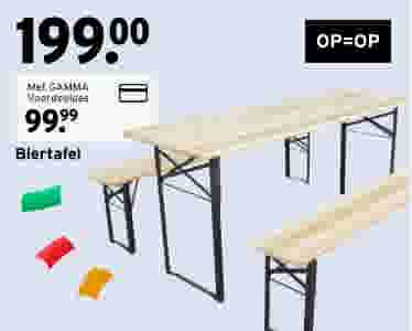 Houten biertafel met twee banken en zwarte metalen poten, geprijsd op €199, of €99,99 met GAMMA Voordeelpas.