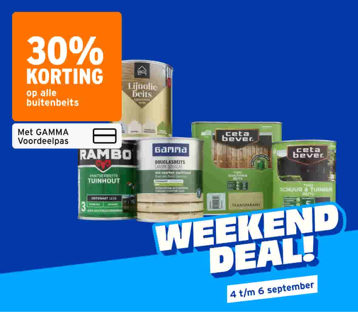Banner "30% korting op alle buitenbeits met GAMMA Voordeelpas", blikken beits van Rambo, Gamma, Cetabever en Acq, "Weekend Deal! 4 t/m 6 september