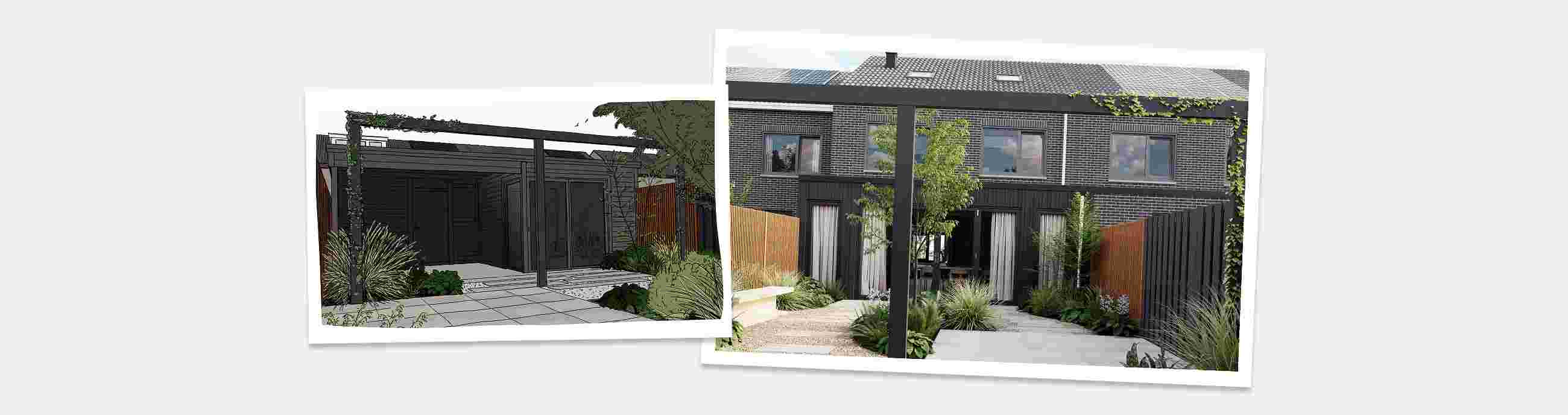Twee afbeeldingen van een moderne achtertuin met zwarte pergola, groene planten en een terras bij een bakstenen woning.