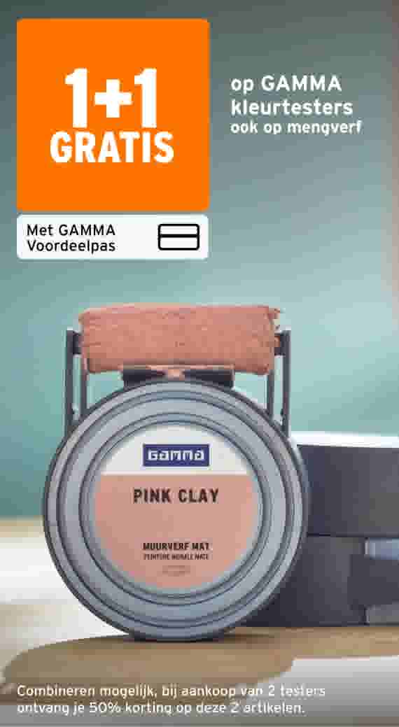 GAMMA verfpot Pink Clay met verfroller en 1+1 gratis op kleurtesters ook op mengverf met GAMMA voordeelpas