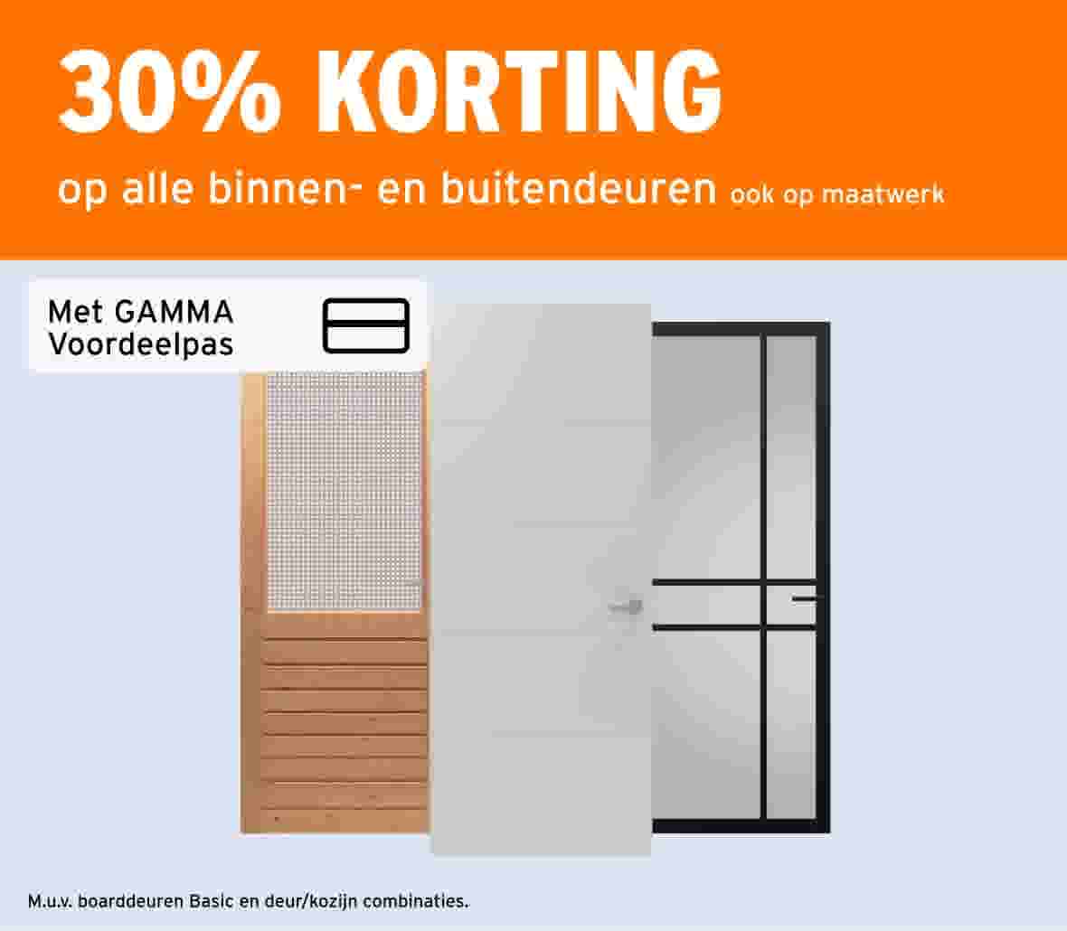 Oranje banner met 30% korting op binnen- en buitendeuren, ook maatwerk, met afbeeldingen van verschillende deurstijlen.
