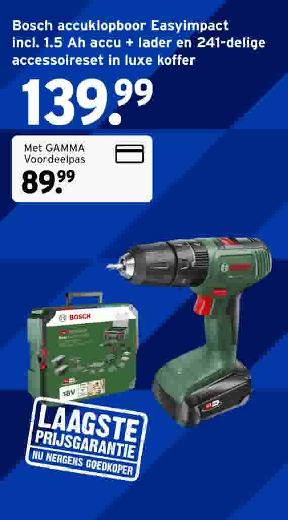 Bosch accuklopboor EasyImpact met groene behuizing en accessoireset in koffer op blauwe achtergrond, prijs 139,99 euro. Met GAMMA Voordeelpas 89.99