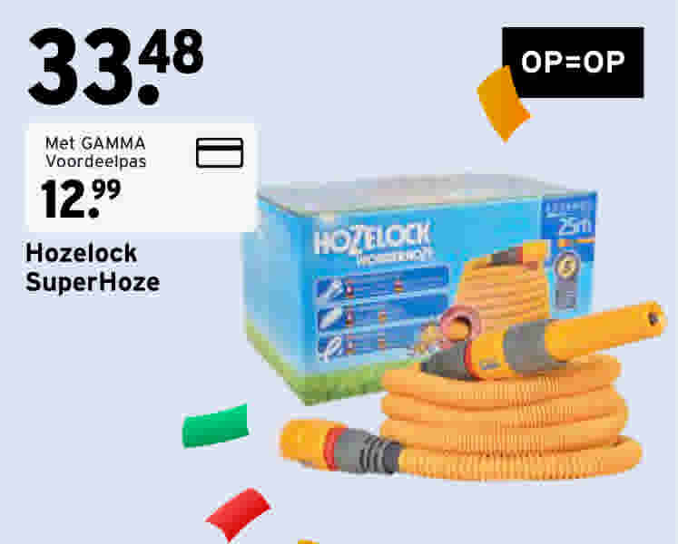 Hozelock SuperHoze tuinslang van 25m in oranje kleur, geprijsd op €33,48, met GAMMA Voordeelpas €16,99. OP=OP aanbieding.