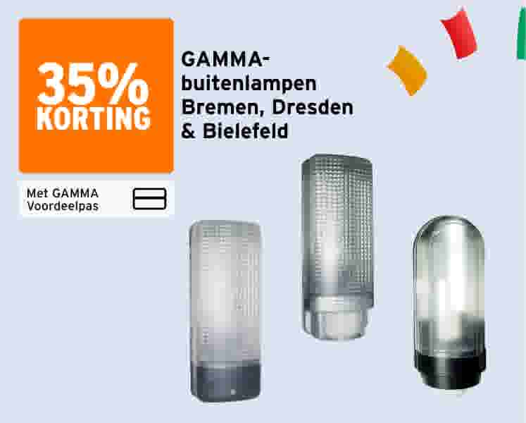 35% korting op GAMMA buitenlampen Bremen, Dresden en Bielefeld met GAMMA Voordeelpas, drie lampen afgebeeld