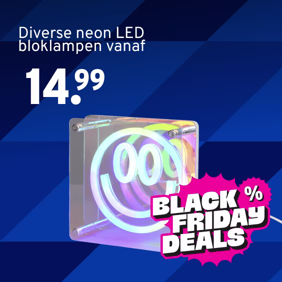 Diverse neon LED bloklampen vanaf 14.99. Kleurrijke regenboogverlichting op donkerblauwe achtergrond met Black Friday Deals sticker.