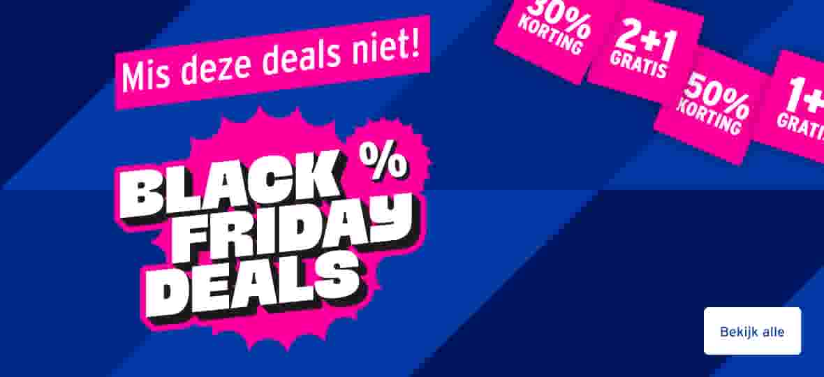 Black Friday deals promotie met roze en witte tekst op donkerblauwe achtergrond, met kortingsaanbiedingen van 30%, 50%, 2+1 en 1+1 gratis.