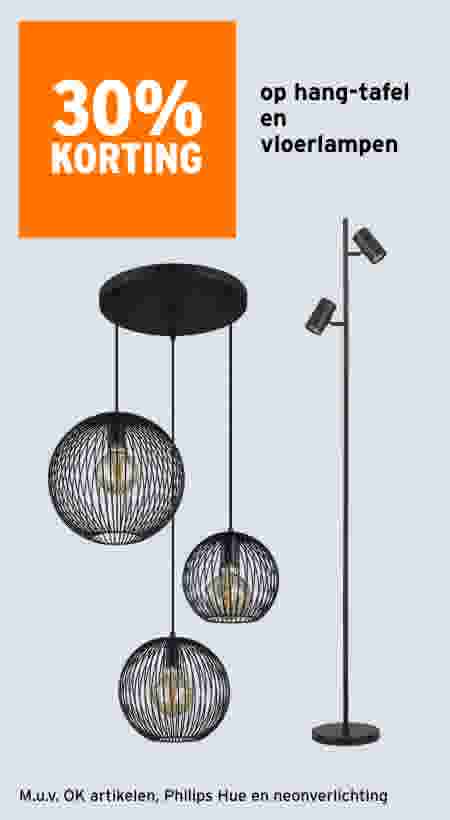 30% korting op hang-tafel en vloerlampen