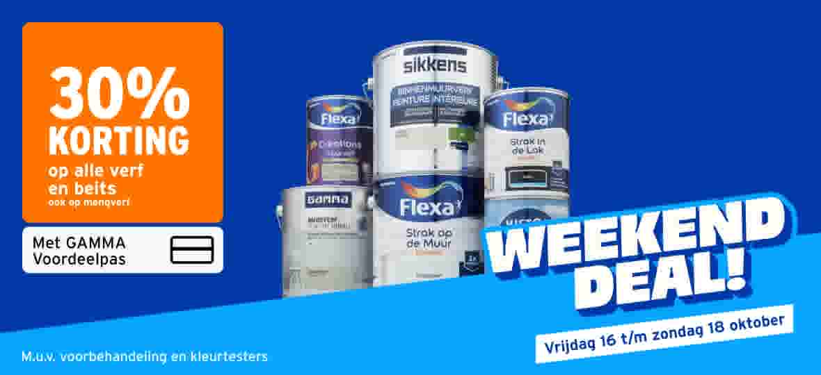 Stapel verfblikken van merken Sikkens, Flexa, Gamma en Histor op blauwe achtergrond met 30% kortingsaanbieding.