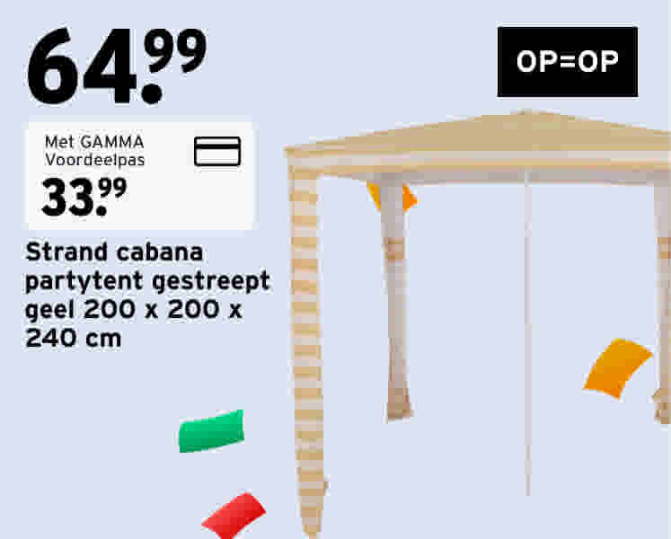 Geel gestreepte strand cabana partytent van 200x200x240 cm, geprijsd op €64,99 of €33,99 met GAMMA Voordeelpas.