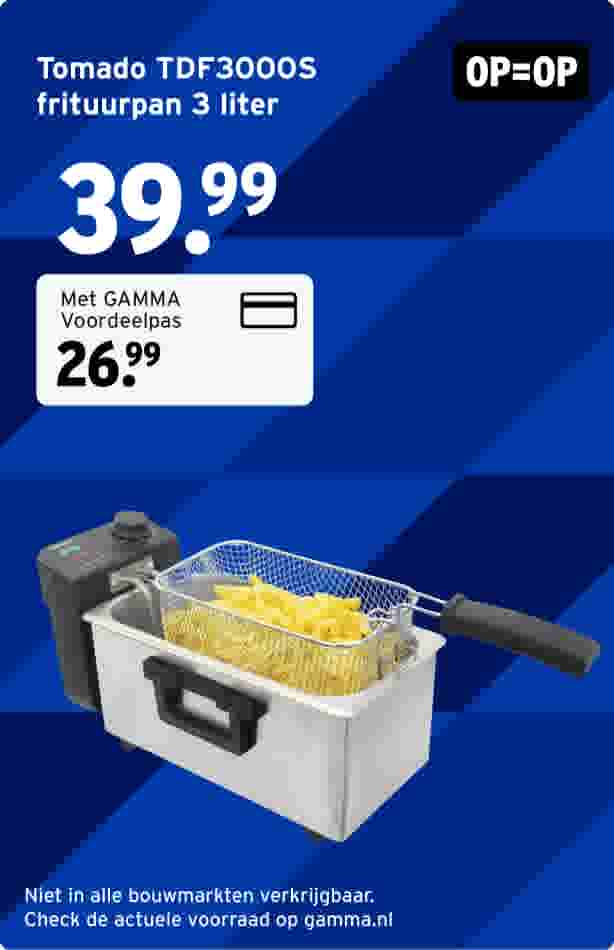 Tomado TDF3000S frituurpan 3 liter met frietjes in mand, prijs 39,99 euro, met GAMMA Voordeelpas 26,99 euro, op blauwe achtergrond.