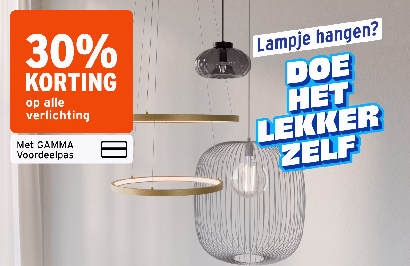 30% korting op alle verlichting met de GAMMA Voordeelpas. Lampje hangen? Doe het lekker zelf. Drie hanglampen met verschillende vormen.