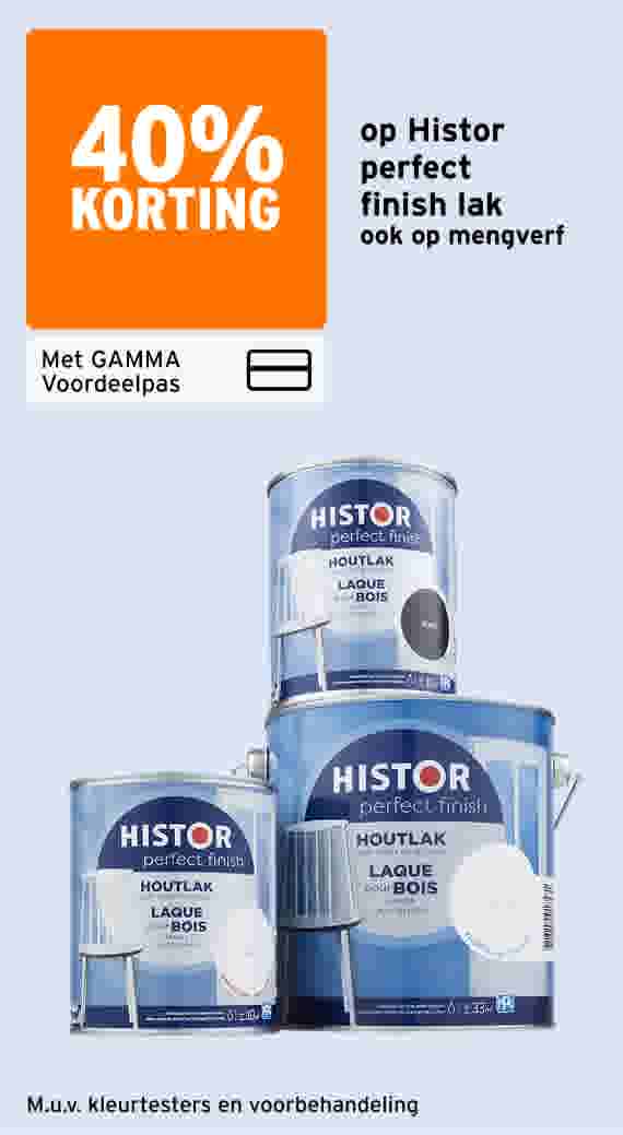 40% korting op Histor perfect finish lak, ook op mengverf, met GAMMA Voordeelpas. Drie blikken HISTOR Perfect Finish houtlak in verschillende formaten. M.u.v. kleurtesters en voorbehandeling.
