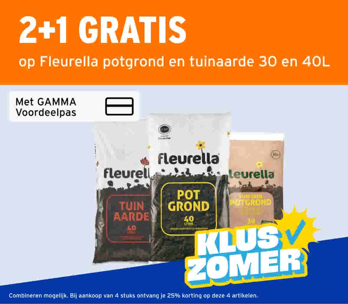 Drie zakken Fleurella potgrond en tuinaarde. 3+1 gratis met de GAMMA voordeelpas. Kluszomer actie.