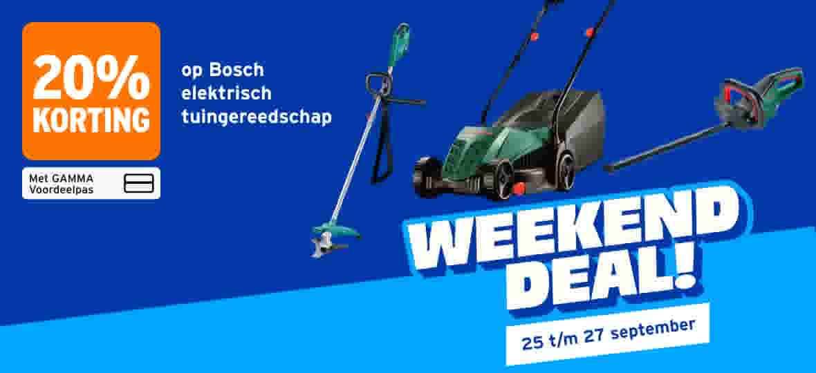 20% korting op Bosch elektrisch tuingereedschap. Met GAMMA Voordeelpas. Weekend Deal! 25 t/m 27 september. Bosch heggenschaar, grasmaaier en graskantmaaier.
