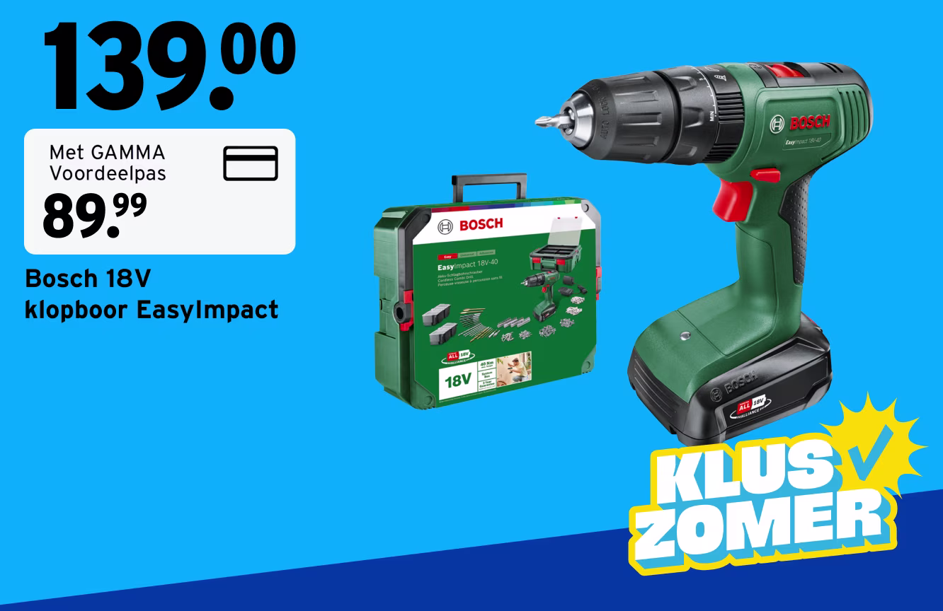 Bosch 18V EasyImpact klopboor in groen met rode trekker, naast groene koffer. Prijs €139, met GAMMA Voordeelpas €89,99.