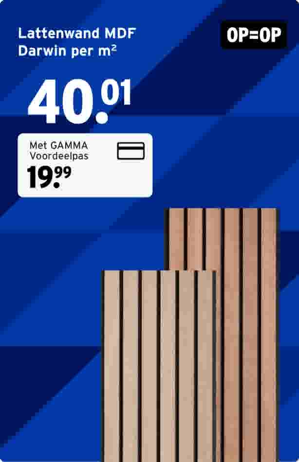 MDF lattenwand Darwin in houtkleur op blauwe achtergrond, prijs 40,01 euro, met GAMMA voordeelpas 19,99 euro.