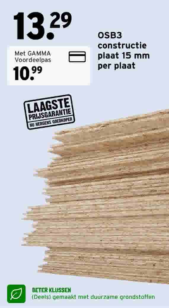 OSB3 constructieplaat 15 mm, per plaat van €13,29 voor €10,99 met de GAMMA Voordeelpas. Laagste prijsgarantie, nu nergens goedkoper. Beter klussen: (deels) gemaakt met duurzame grondstoffen. Stapel houten platen.