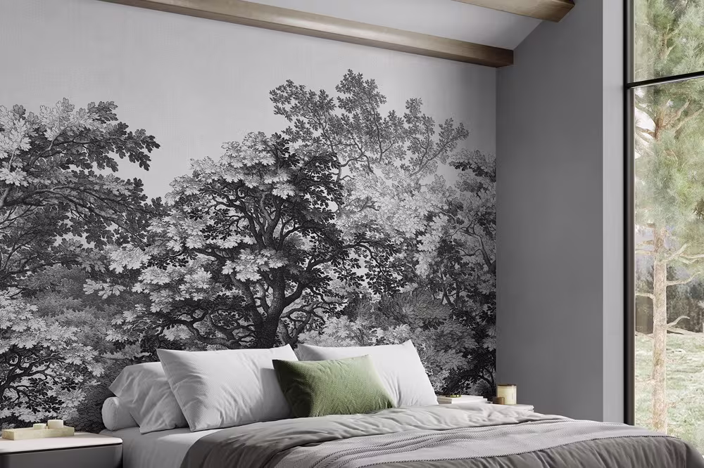 Slaapkamer met grijs-wit bosbehang