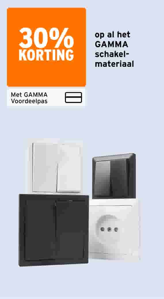 30% korting op al het GAMMA schakelmateriaal, met GAMMA Voordeelpas. Zwarte en witte schakelaars en stopcontact.