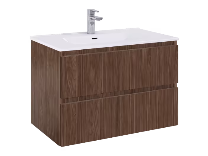 Modern badkamermeubel met houten onderkast in notenkleur en witte wastafel met chromen kraan.