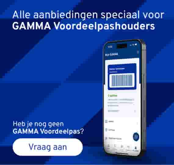 Alle aanbiedingen speciaal voor GAMMA Voordeelpashouders. Telefoonscherm met de Mijn GAMMA-app: Digitale Voordeelpas, 0 punten. Heb je nog geen GAMMA Voordeelpas? Knop: Vraag aan.