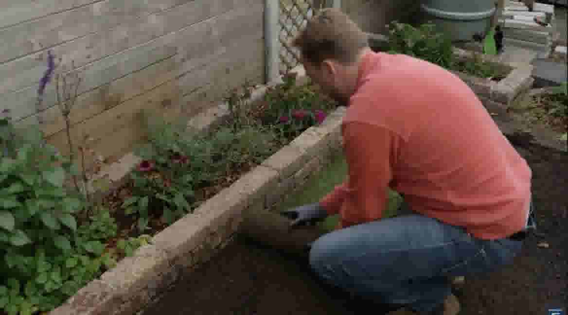 GAMMA klusser werkt geknield aan een verhoogd bloemperk met kleurrijke planten langs een houten schutting.