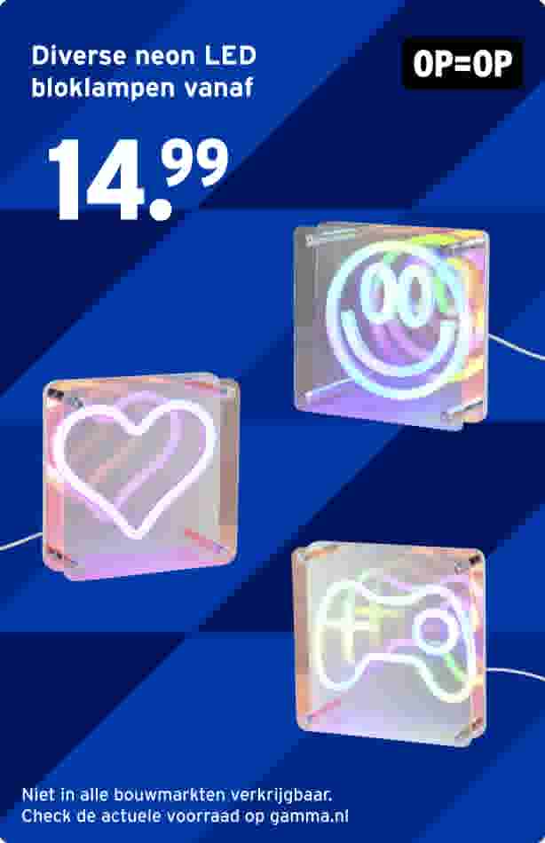 Drie neon LED bloklampen met hart, smiley en gamecontroller designs op blauwe achtergrond, geprijsd op 14,99 euro.