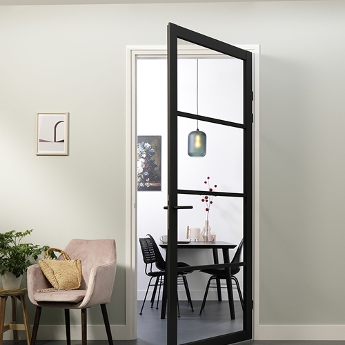 Lundia binnendeur Lumen En 1C02 blank glas zwart gegrondverfd opdek rechts 93 x 231,5 cm inclusief deurbeslag Tord