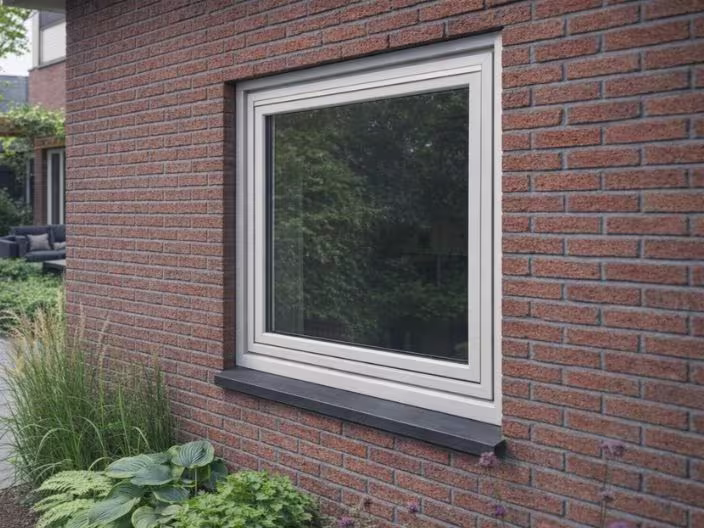 Vierkant raam met wit kozijn in rode bakstenen muur, met groene planten eronder en reflectie van bomen in het glas.