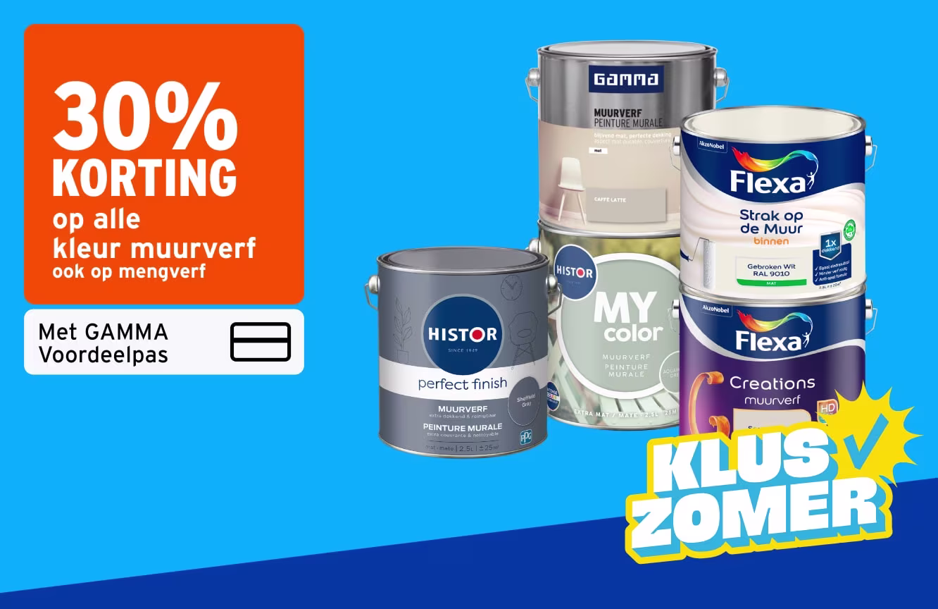 30% korting op alle kleur muurverf met GAMMA Voordeelpas, ook op mengverf. Kluszomer actie.
