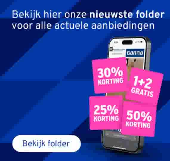 Bekijk hier onze nieuwste folder voor actuele aanbiedingen. GAMMA-app met kortingslabels: 50% korting, 2e halve prijs, 30% korting, 1+1 gratis. Knop: Bekijk folder.