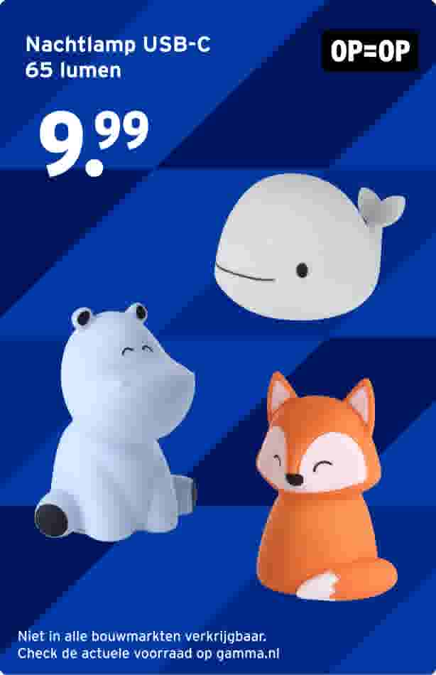 Drie dierenvormige USB-C nachtlampjes op blauwe achtergrond: witte nijlpaard, witte walvis en oranje vos voor 9,99 euro.