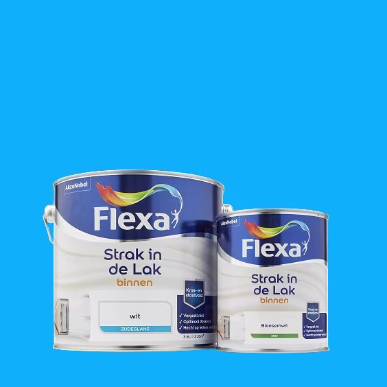 Twee blikken Flexa Strak in de Lak binnen, wit zijdeglans en bloesemwit mat.