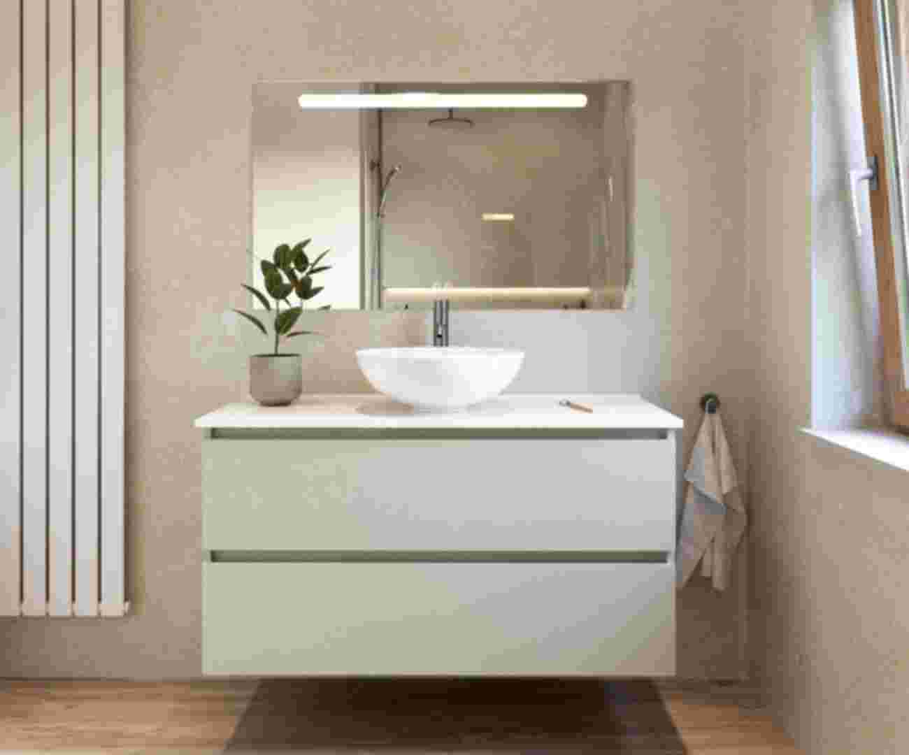 Moderne badkamer met een greige wastafel en witte waskom en verlichte LED spiegel 