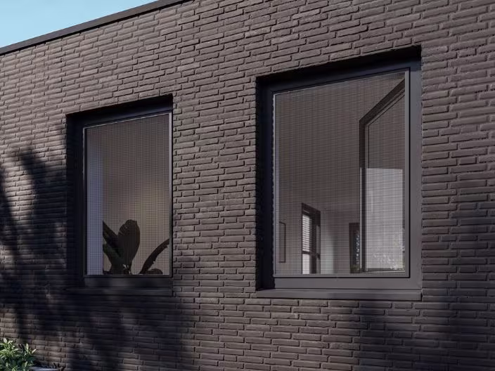 Moderne grijze bakstenen gevel met twee grote ramen met zwarte kozijnen, een kamerplant zichtbaar in het linkerraam.