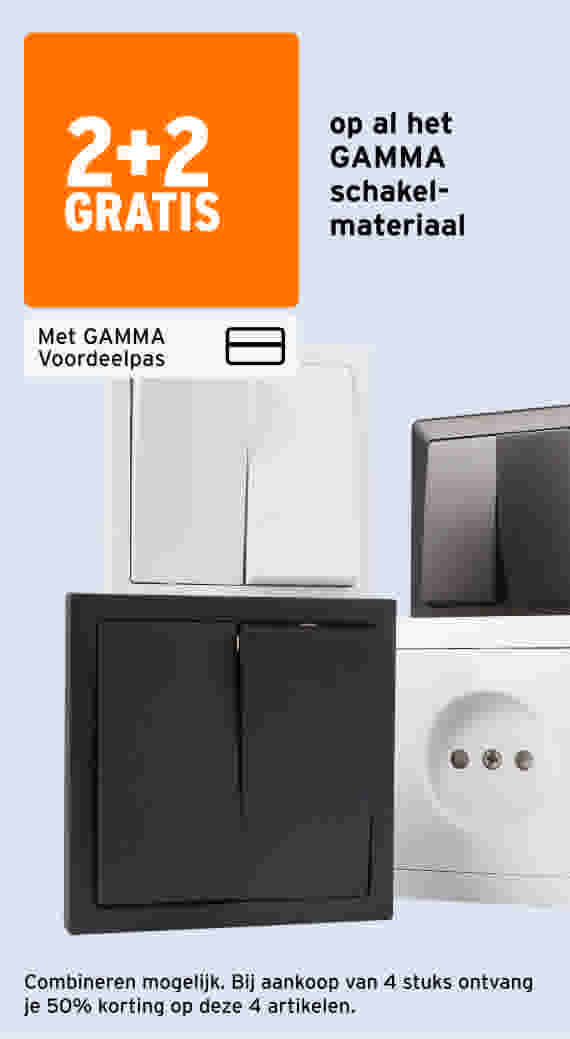 Witte en zwarte lichtschakelaars en een stopcontact met 2+2 gratis aanbieding op GAMMA schakelmateriaal via Voordeelpas.