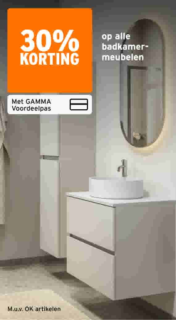 30% korting op alle badkamermeubelen met de GAMMA Voordeelpas, m.u.v. OK artikelen. Badkamermeubel met wastafel, spiegel en kolomkast.