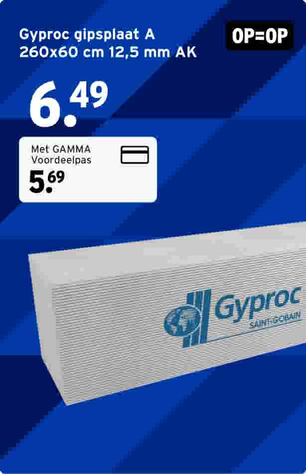 Stapel Gyproc gipsplaten op blauwe achtergrond met prijsinformatie en GAMMA voordeelpas aanbieding.