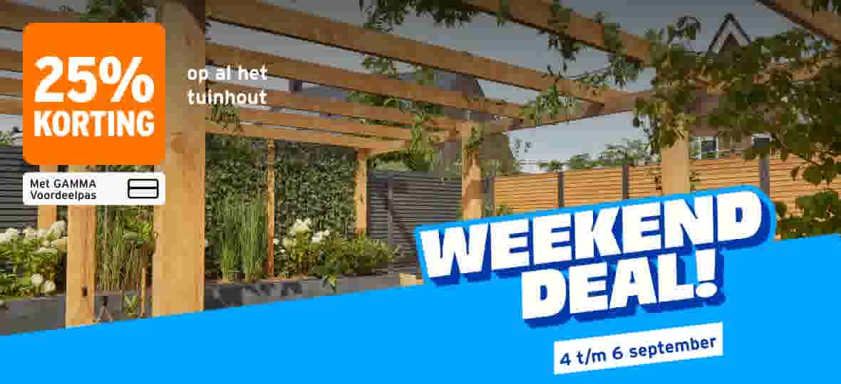 Weekenddeal van 4 t/m 6 september: 25% korting op al het tuinhout met GAMMA Voordeelpas, met een houten pergola in een groene tuin als achtergrond.