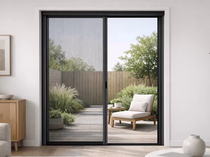 Schuifpui met horren die uitkijkt op een terras met houten loungestoel en groene tuin met siergras en schutting.