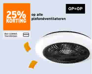 Zwarte plafondventilator met wit frame. Oranje banner: 25% korting op alle plafondventilatoren. Op=Op. Met GAMMA Voordeelpas.