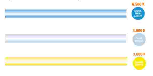 Kelvinwaarden: 6500K is daglicht, 4000K is koel wit licht en 3000K is  warm wit licht.