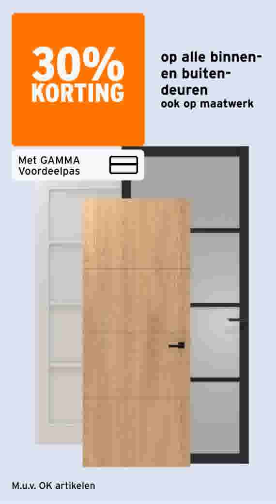 Drie deuren: wit, hout en zwart stalen deur. Oranje banner met 30% korting op binnen- en buitendeuren, ook maatwerk.