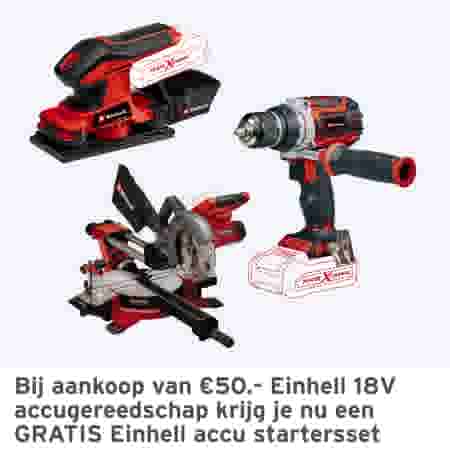Bij aankoop van €50,- Einhell 18V accugereedschap krijg je nu GRATIS de Einhell 18V accu startersset 2.5Ah accu+lader