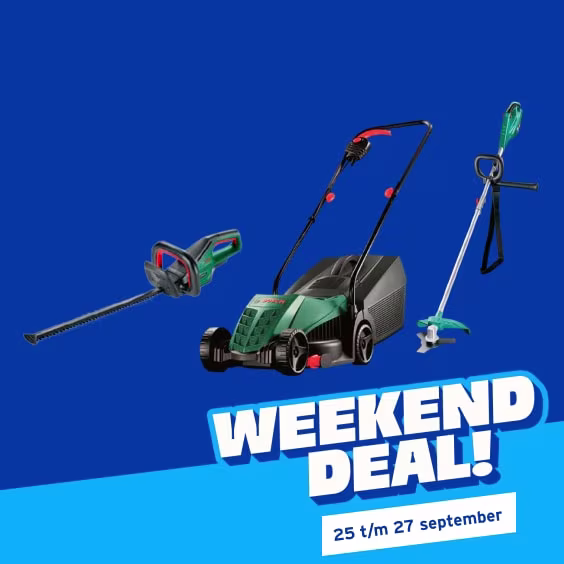 Weekend Deal! 25 t/m 27 september. Met GAMMA voordeelpas. Bosch elektrisch tuingereedschap: heggenschaar, grasmaaier en graskantmaaier.