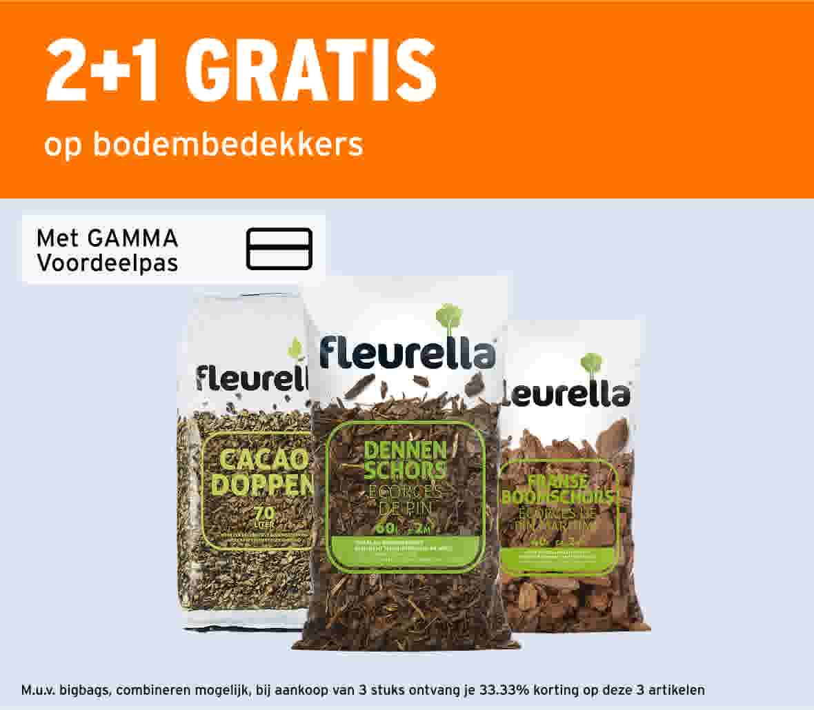 2+1 gratis op bodembedekkers met GAMMA Voordeelpas, met drie zakken Fleurella tuinaarde, potgrond en turfvrije potgrond.