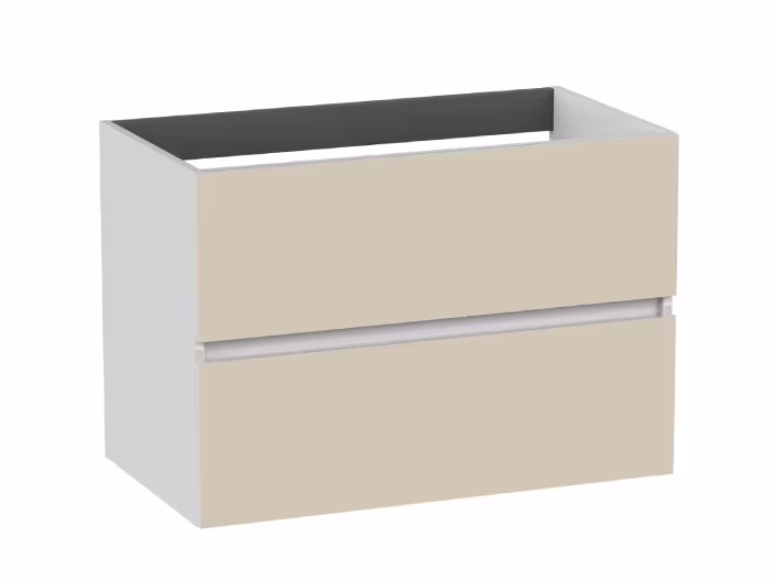 Moderne badkamermeubel met twee beige lades, zonder wastafel of blad.