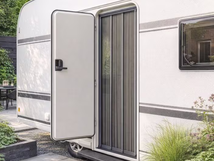 Witte caravan met open deur en hordeur, geparkeerd op een camping met groen en terras zichtbaar op de achtergrond.