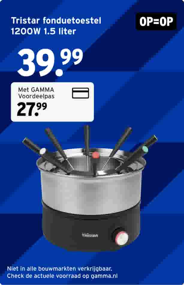 Tristar fondue-apparaat met zes vorken op blauwe achtergrond, prijs 39,99 euro, met GAMMA voordeel 27,99 euro.
