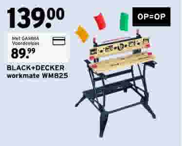 Black+Decker Workmate WM825 werkbank met gekleurde klemmen, geprijsd op €139,00, of €89,99 met GAMMA Voordeelpas.